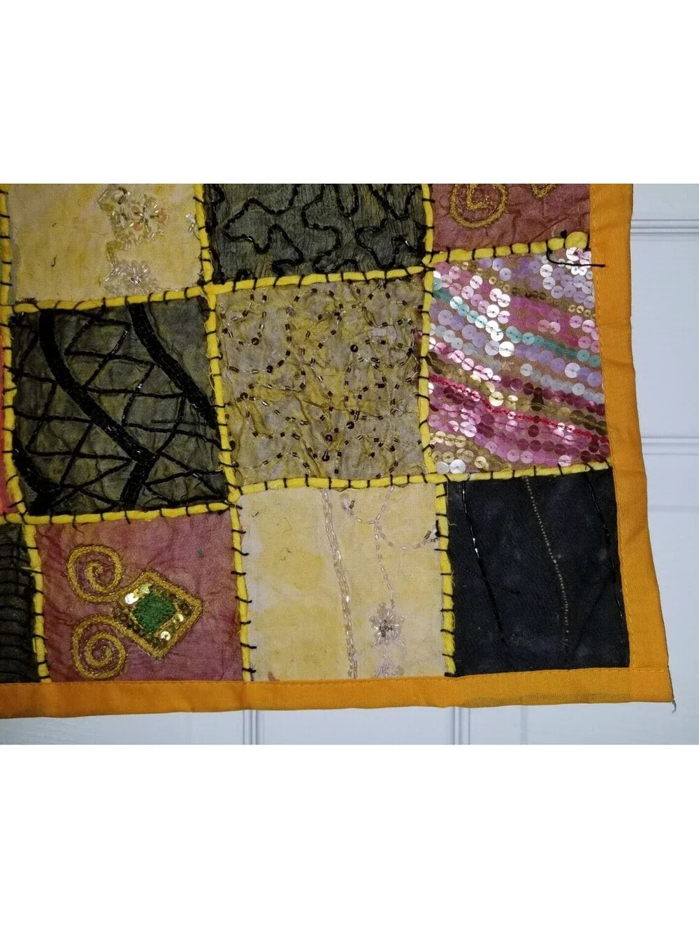 HAND BEADED EMBELLISHED INDIA WALL ART TAPESTRY PATCHWORK SQUARE 16